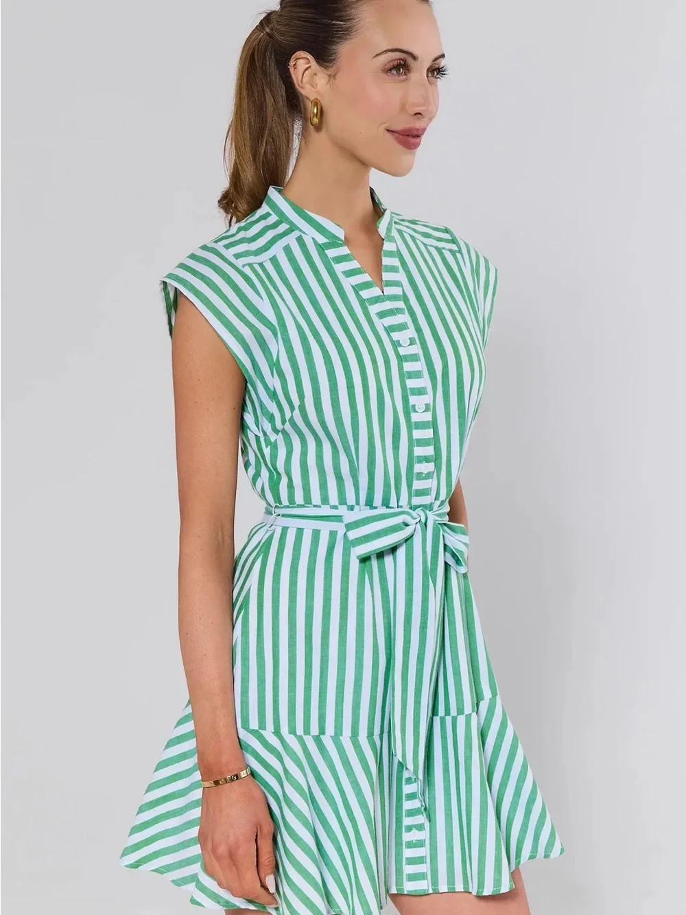 NWT Avara Erica Green Striped Button Front Belted Dress Size Medium - Picture 4 of 10